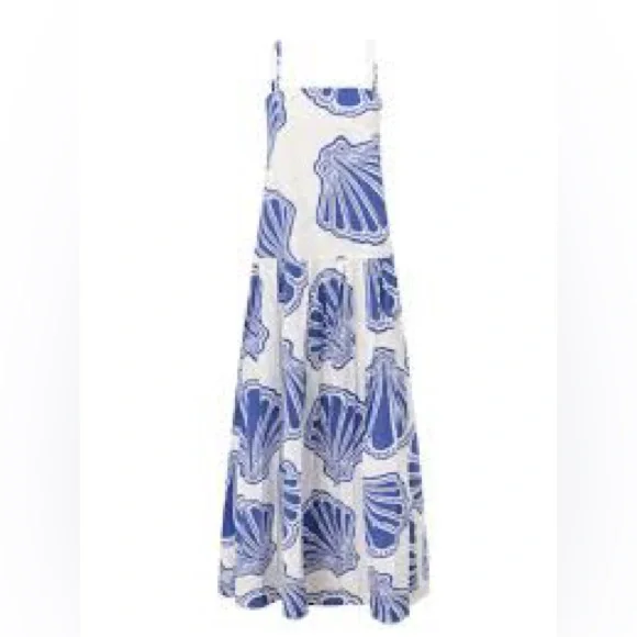 Vestidos Seashell Print Drop Waist Maxi Dress White Blue Size Small - Picture 2 of 7